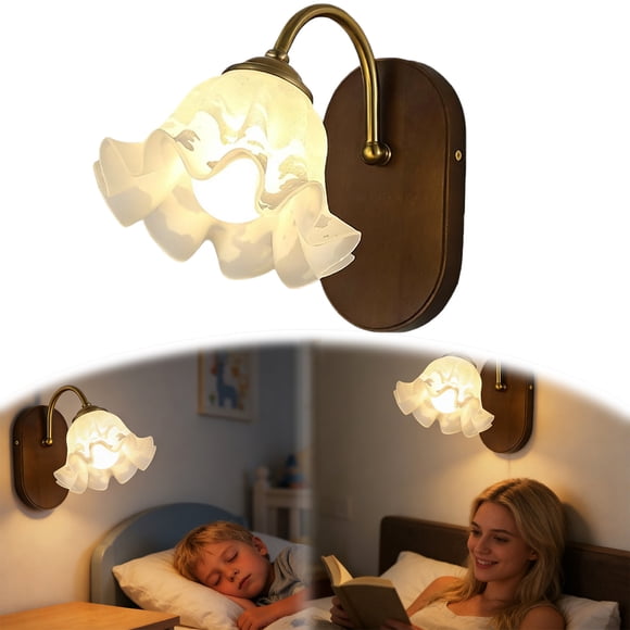 Outdor Elegant Wall Sconce Walnut Finish Rubberwood Base & Ruffled Glass Shade E27 Decorative Wall Light Fixture For Living Room Bedroom Bedside Hallway