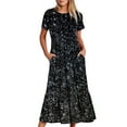 thumbnail image 6 of Penkiiy Women's Summer Casual Short Sleeve Crewneck Shiny Print Dress Casual Flowy Tiered Maxi Beach Dress With Pockets 2XL Black, 6 of 7