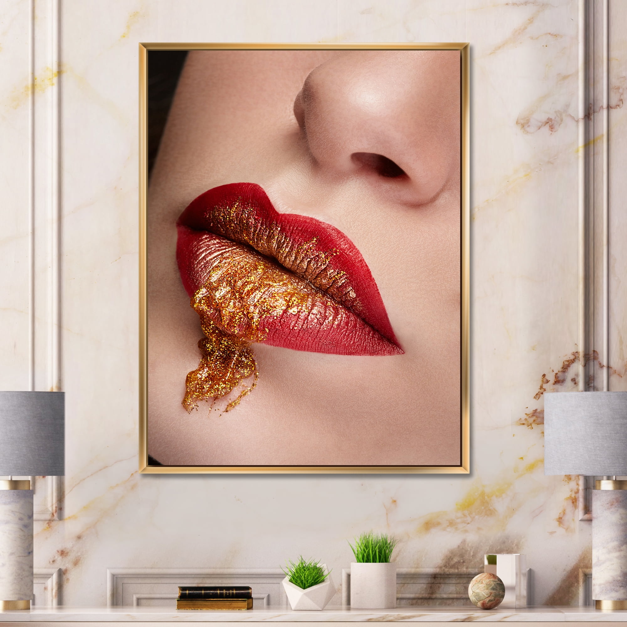 Designart 'Close Up Lips With Gold and Red Make Up' Modern Framed Canvas Wall Art Print