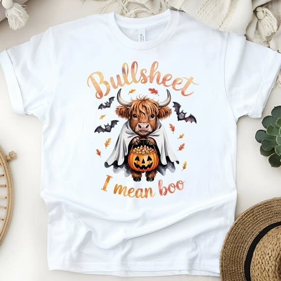 Funny Bullsheet I Mean Boo T-Shirt | Highland Cow Halloween Graphic Tee, White, Size S