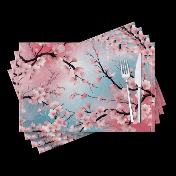 BaHomeck placemats Set of 4 Pink And Blue Sky Background, Pink Flowers On Tree Branches Cotton Linen rectangle Placemats for Kitchen Dining Table Indoor,Outdoor,18*12inch