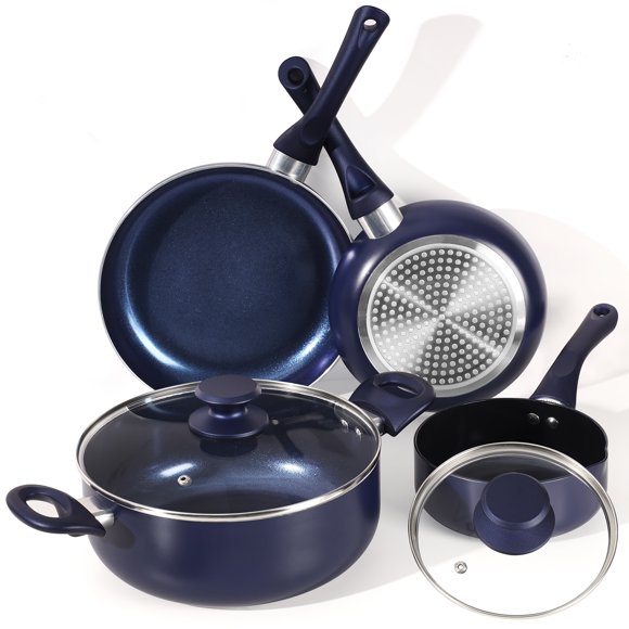 Bamboohart KUTIME | 6pcs Non Stick Pots And Pans Set Aluminum Ceramic Cookware Set with Lids Induction Non-toxic Pan Set Compatible with Ceramic Coating Dishwasher Safe Drill Blue