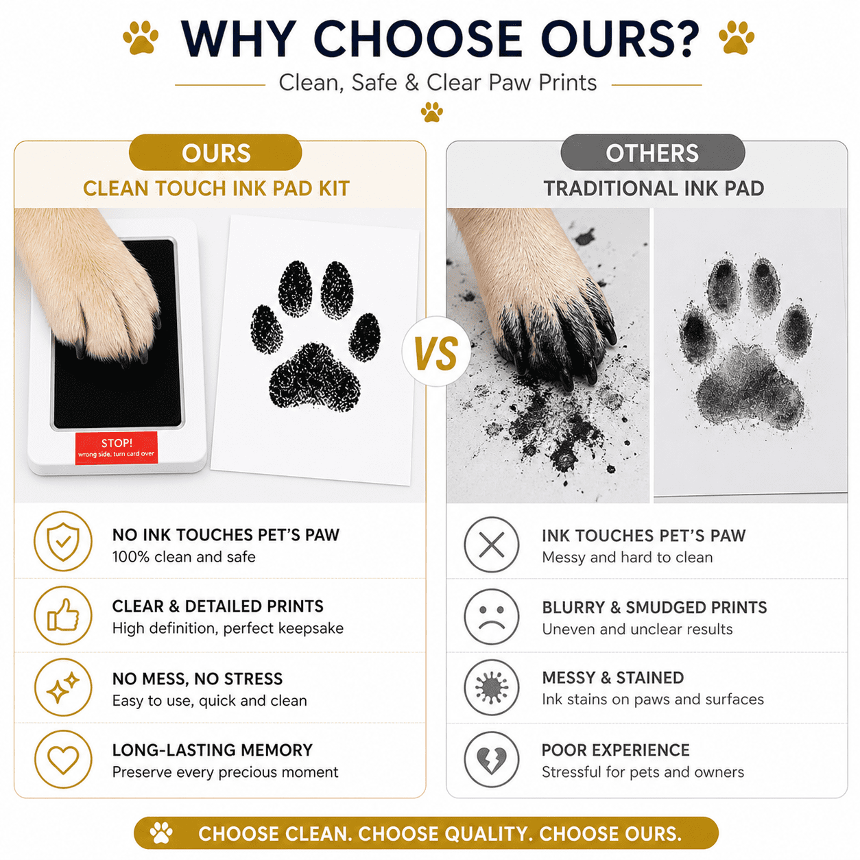 Pet Paw Print Memorial Picture Frame Kit, Wooden Keepsake Frame with Ink Pad and Gold Letter Stickers for Dogs & Cats