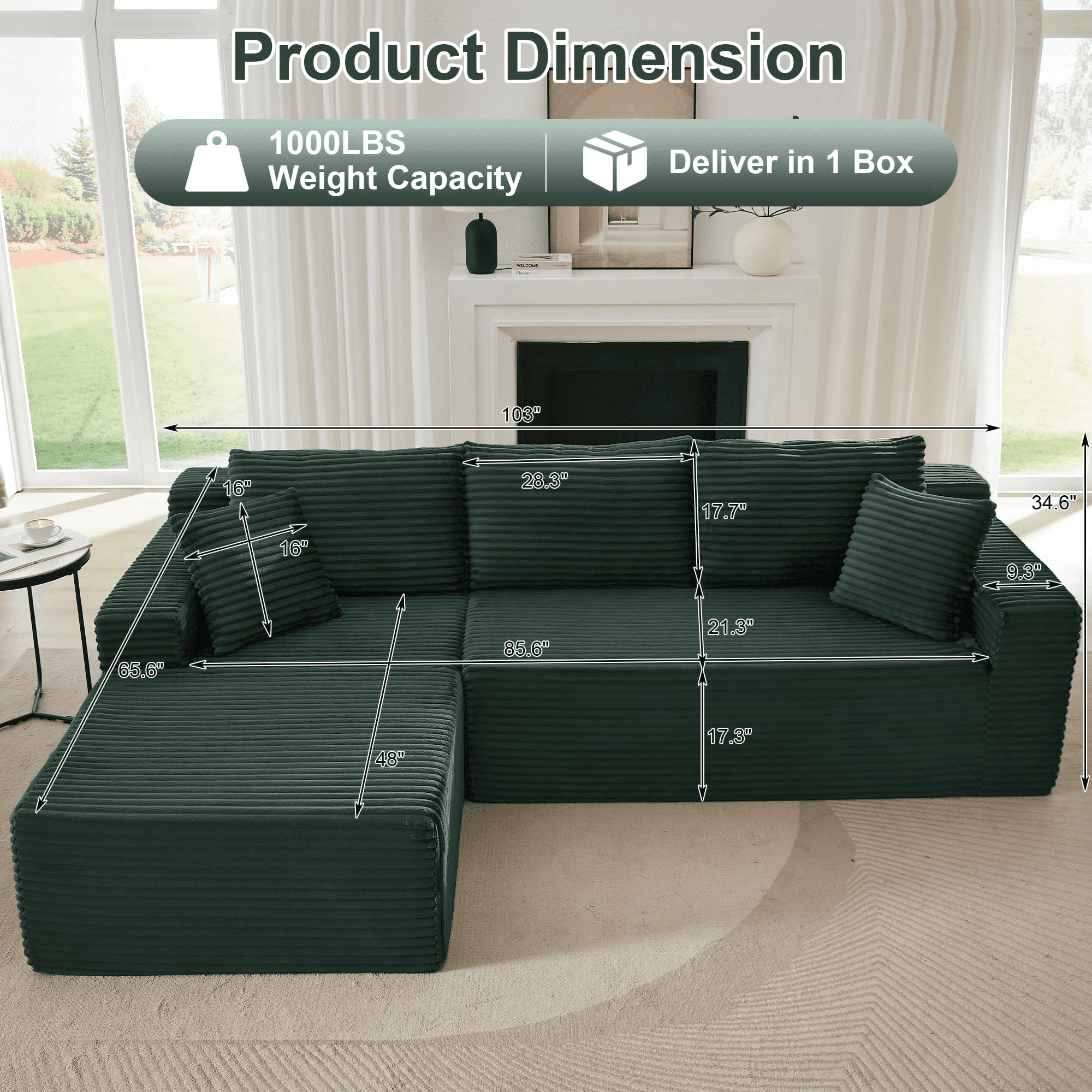 GNIXUU 103” W Corduroy Boneless Couch, L-Shaped Sectional Sofa with Left Facing Chaise, Comfy Memory Foam Cloud Compression Couches for Living Room Home Office, No Assembly,Green