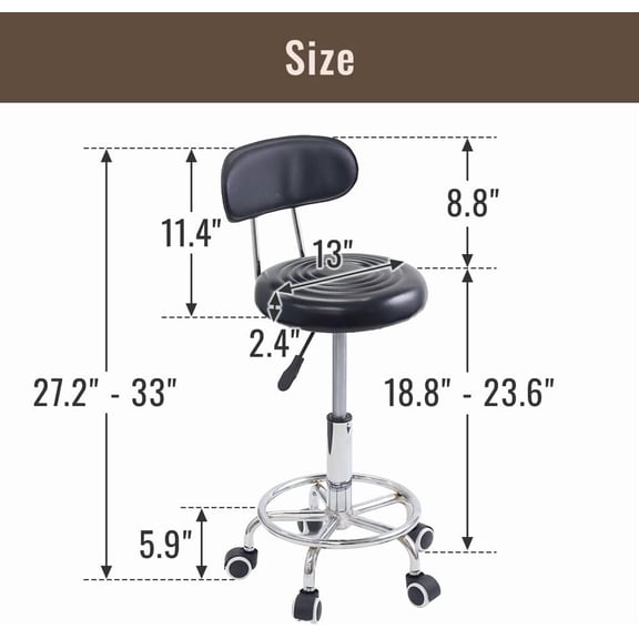PU Leather High Rolling Swivel Stool with Back, Height Adjustable 18.8"-23.6", Work Salon Drafting Task Chair with Footrest, Black