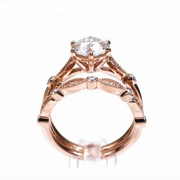 Elegant 7.0mm Round Lab-Created Moissanite & Diamond Sterling Silver Milgrain Wedding Engagement Ring Set - Brilliant Cut, Timeless Design, Perfect for Every Couple