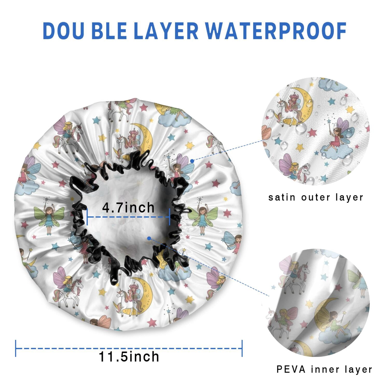 Shower Caps,Colorful Fairy Unicorn Pattern Waterproof Shower Cap for Women 4 Pieces,Double Reusable Hair Cover for Shower PEVA Elastic Stretch Hem
