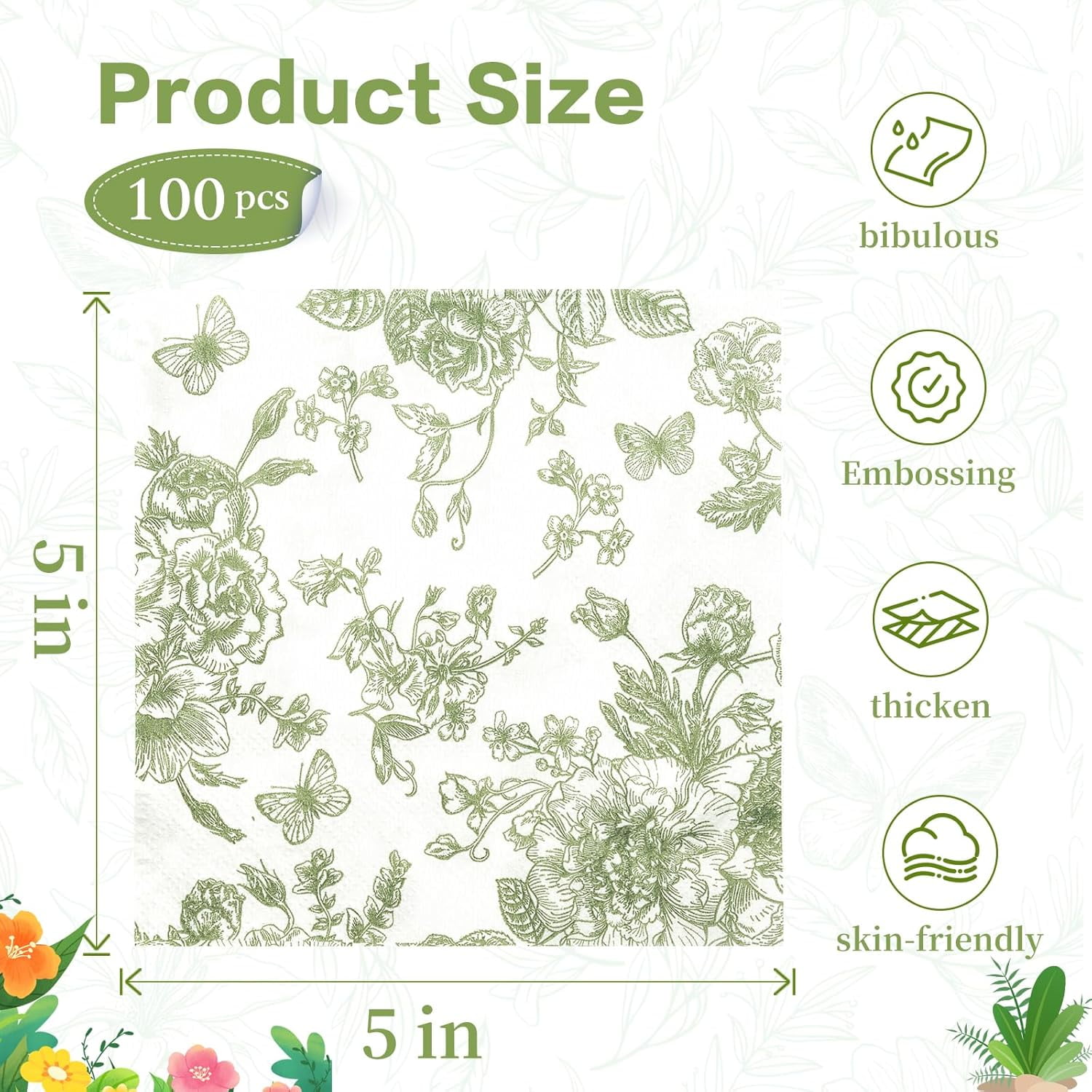 100Pcs Sage Green Floral Napkins Beverage Cocktail Napkin Disposable Green Paper Dinner Napkin Fancy Decorative Hydrangea Flower Guest Hand Towel for Wedding Bridal Baby Shower Birthday Party