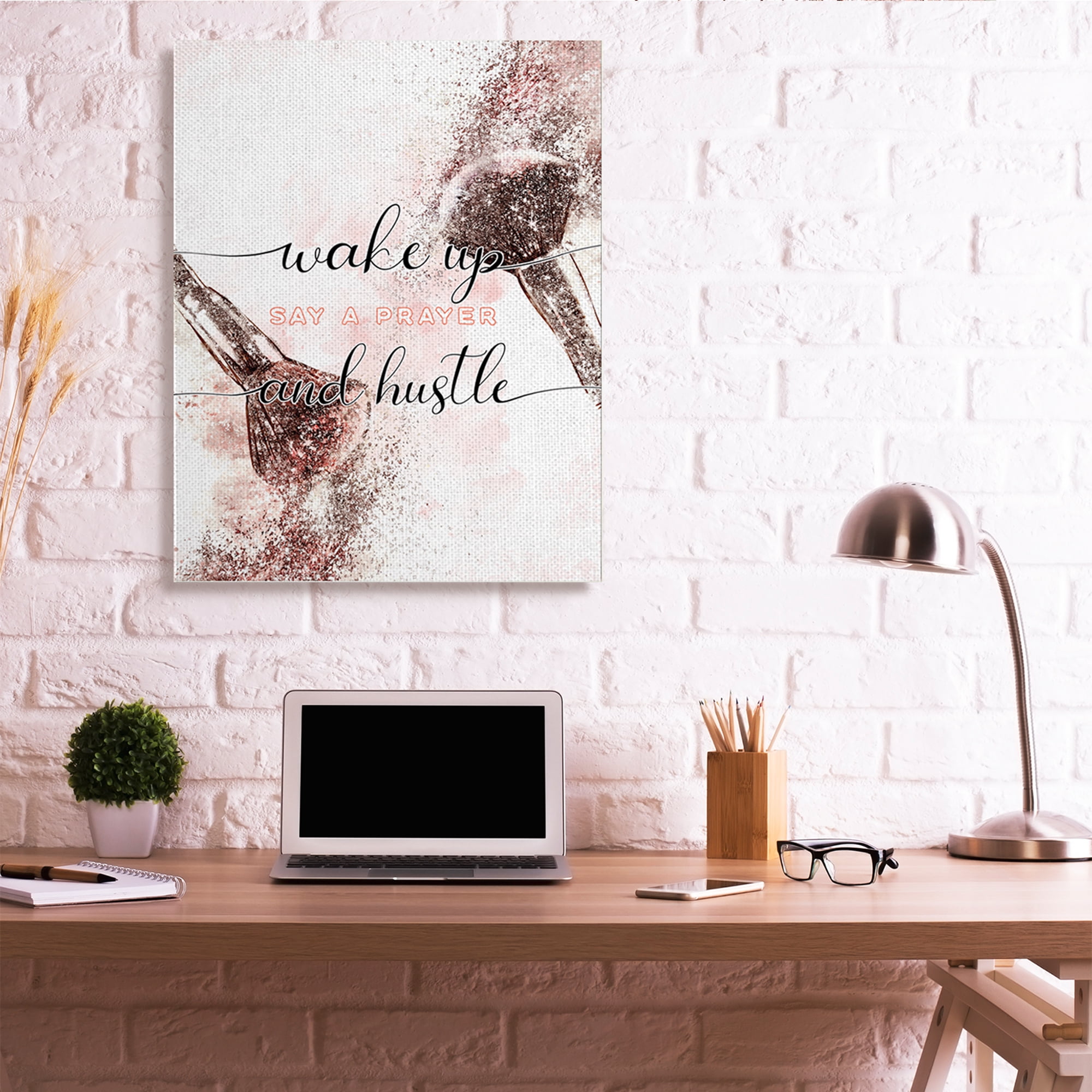 Stupell Industries Pray And Hustle Phrase Glam Cosmetic Brush Religious Painting Gallery Wrapped Canvas Art Print Wall Art, 36 x 48