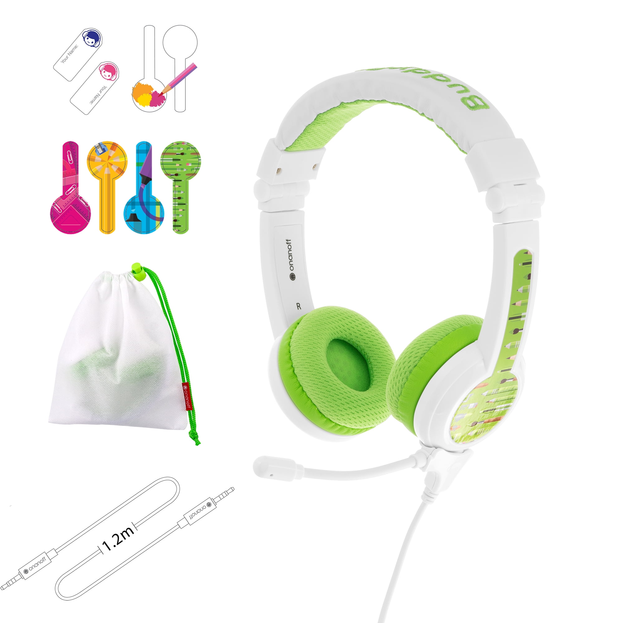 BuddyPhones School+, On-Ear Wired 85dB Volume Limiting Educational Kids Headphones with Detachable Boom Mic, Foldable, Audio Sharing Jack, Customizable Stickers, Adjustable Headband Size, Green