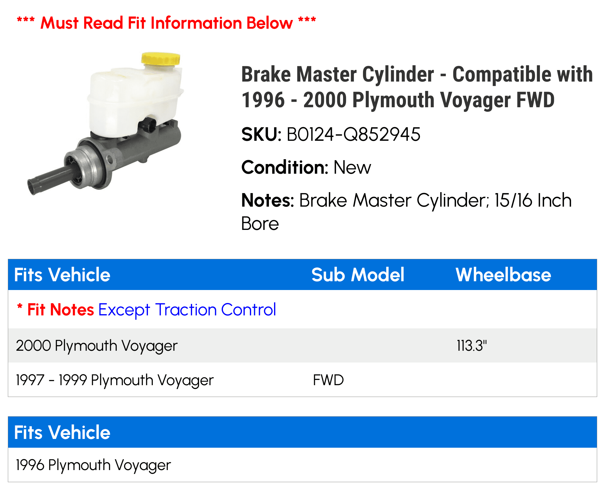 Brake Master Cylinder - Compatible with 1996 - 2000 Plymouth Voyager FWD 1997 1998 1999