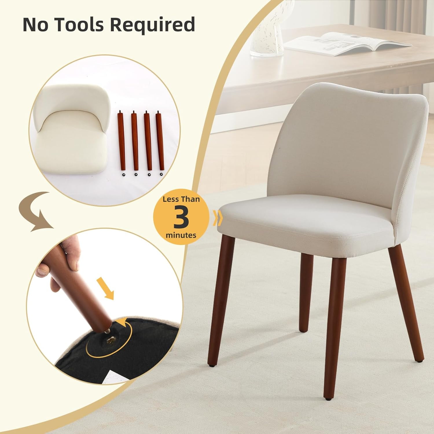 OUTGOODS Set of 2 Modern Dining Chairs, Linen Upholstered, Wood Legs