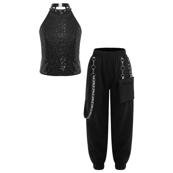 dPois Kids Girls Jazz Street Hip Hop Dance Outfits Halter Sleeveless Backless Sequin Crop Top Cargo Black 6