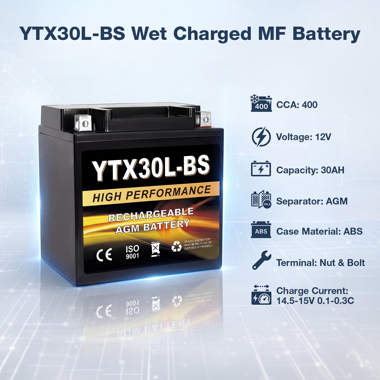 Anlibatt YTX30L-BS Motorcycle Battery 12V 30Ah 400CCA Rechargeable Sealed Batteries Powersport Replacement for ATV, Scooter, Jet ski, Dirt Bike