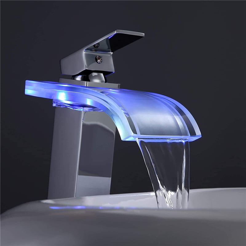 LED Single Hole Waterfall Glass Bathroom  Faucet Basin Sink Chrome Mixer Tap 