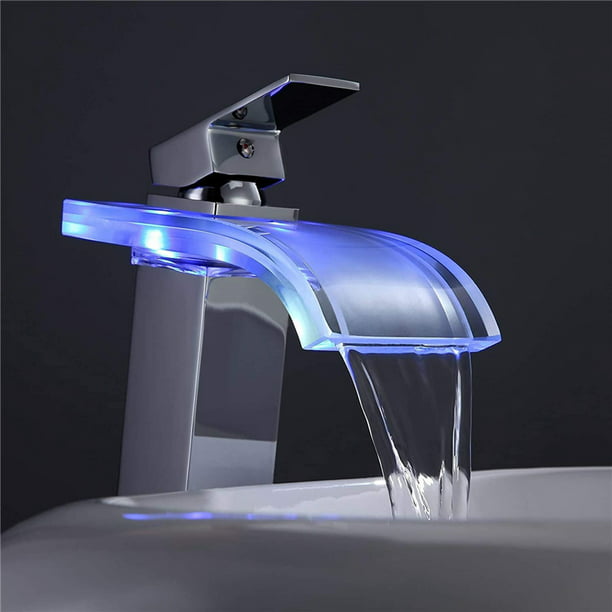 Bathroom Led Light Sink Faucet Waterfall Glass Basin Cold And Hot Water Mixer Tap Temperature Sensitive 3 Colors Changes Brass Chrome Finish Com - Led Single Hole Touchless Electronic Bathroom Sink Waterfall Faucet