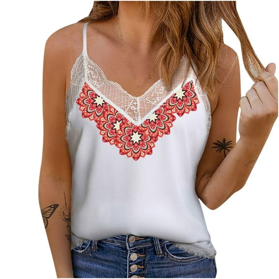 USSUMA Summer Tops for Women Trendy V Neck Sleeveless Dressy Shirts Blouses Lace Trim Spaghetti Strap Tanks Women's Tops Summer 2022 Sexy Floral Print Casual Tshirts Tunic Plus
