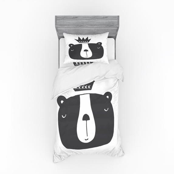 Ambesonne Cartoon Bedding Set 3 Pcs, Humorous Bear in Crown, Twin XL, Charcoal Grey White