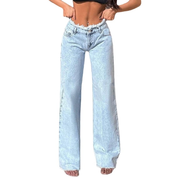 Womens High Waisted Raw Hem Jeans Stretchy Wide Leg Frayed Straight Denim Pants Light Blue S