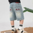 thumbnail image 2 of Bjutir Boy Pants Casual Shorts Summer Elastic Waist Denim Shorts With Embroidery For Kids Comfortable Playwear Outdoor Active Kids Trousers,Blue,3-4 Years, 2 of 9