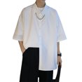 thumbnail image 1 of Camisa de hombre con cuello vuelto, manga 3/4, cadena, holgada, informal, elegante, parte delantera abierta para salir de compras, 1 of 8