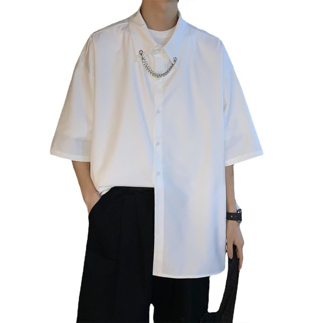 Camisa de hombre con cuello vuelto, manga 3/4, cadena, holgada, informal, elegante, parte delantera abierta para salir de compras