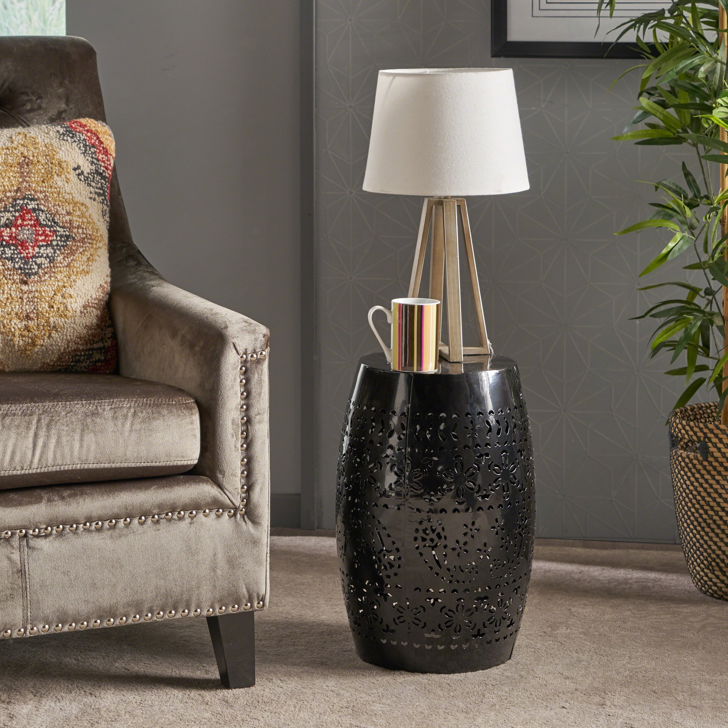 Noble House Valley Indoor Lace Cut Iron Accent Table, Black Walmart