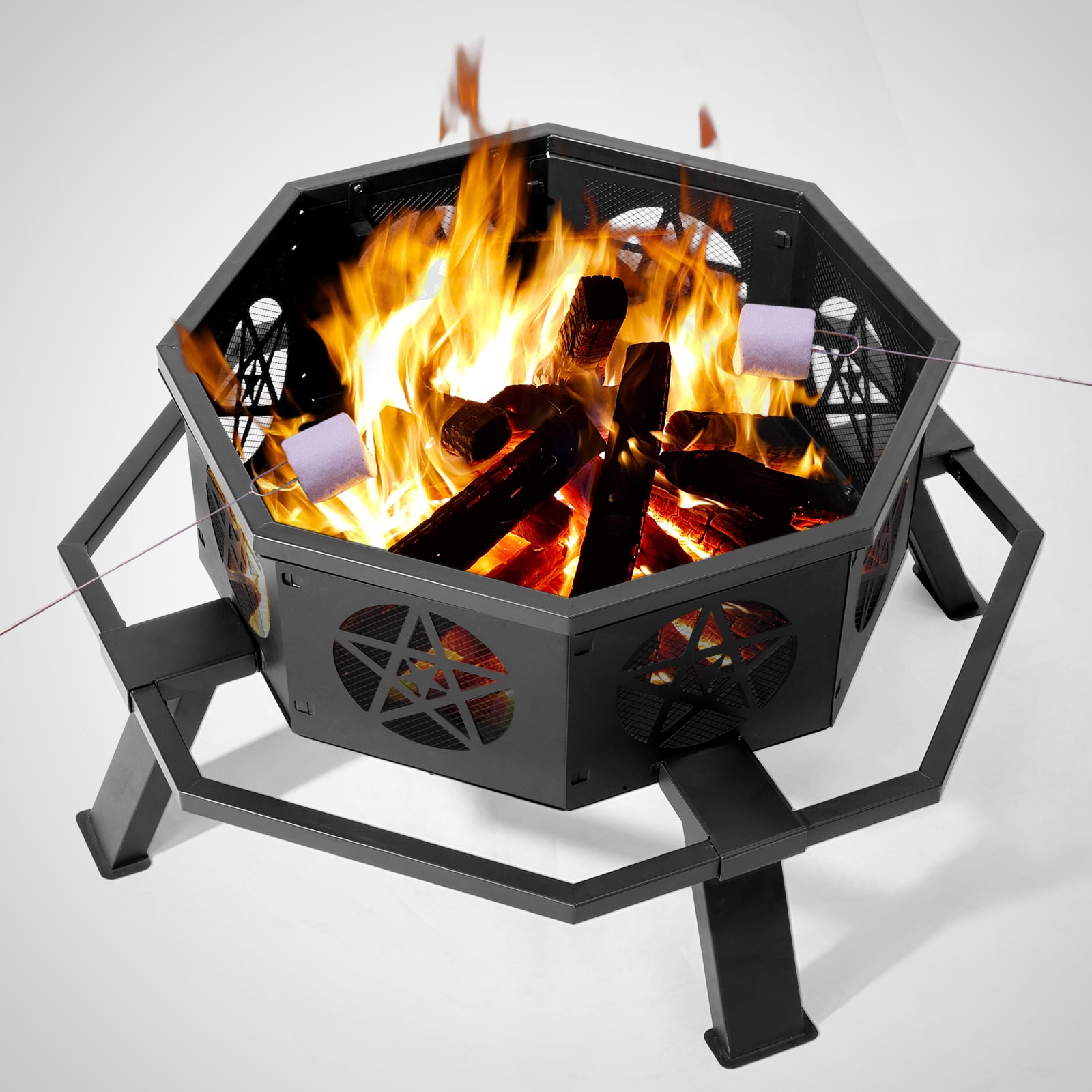 35" Fire Pit for Patio, HexShaped Steel Fire Pit with Flame-Retardant Lid, Outdoor Metal Fire Pit with Storage Shelf, Multifunctional Heater/Grill/Ice Pit for Backyard Patio Garden BBQ Grill, S7645