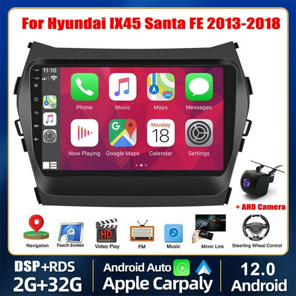 For 2013-2018 Hyundai Santa FE IX45 Radio, CarPlay Android 12 Car Stereo with Android Auto 9 Inch Touch Screen Bluetooth Car Audio Receiver Supports GPS Navigation WiFi Backup Camera FM RDS HiFi