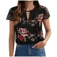 thumbnail image 2 of Summer Saving Wycnly Womens Shirts Sexy Lace Trim Lightweight Keyhole Pullover Tops Summer Short Sleeve Crewneck Ladies Flowers Print Tops and Blouses Black m, 2 of 6