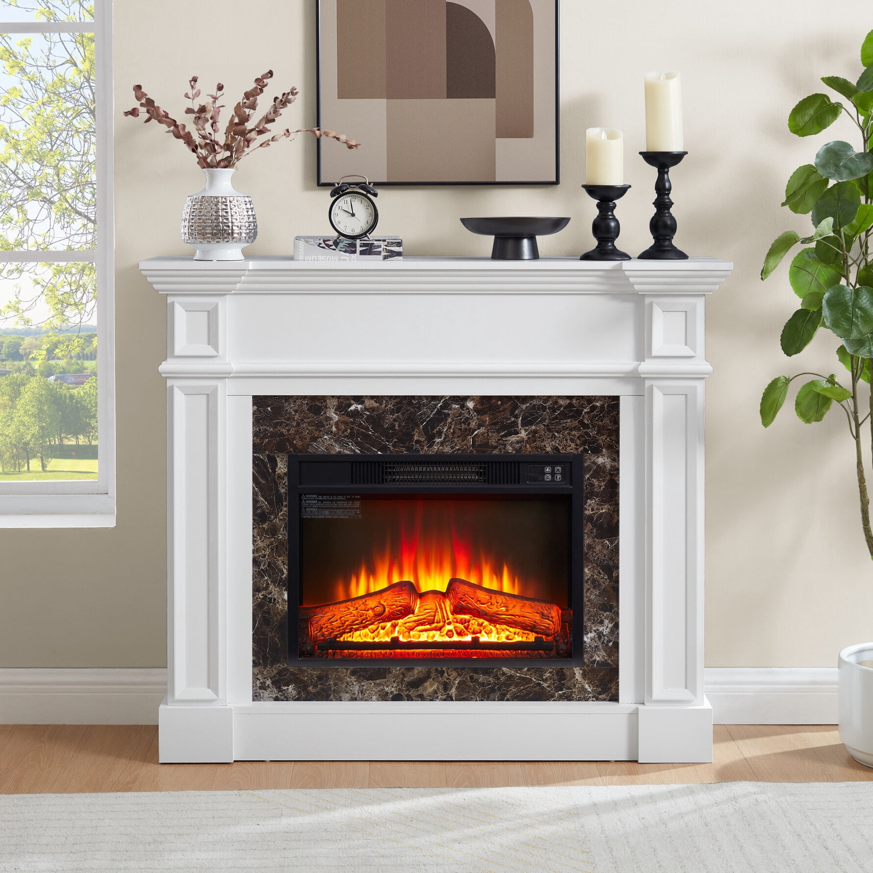 45" Electric Fireplace Mantel Wooden Surround Firebox, TV Stand Freestanding Electric Fireplace Heater with 23" Fireplace Insert, Adjustable LED Flame and Remote Control, 1400 W, White