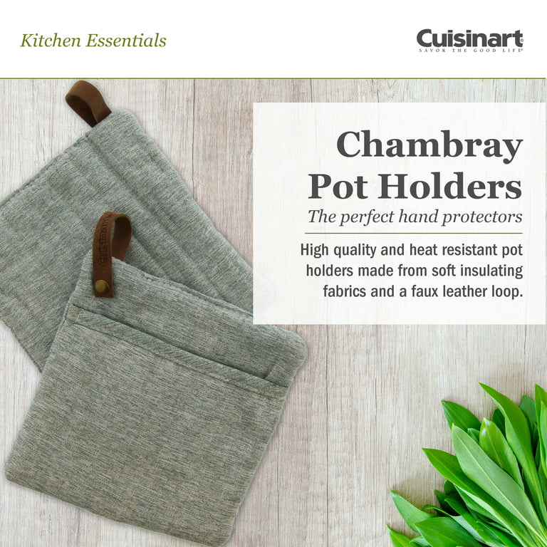 Cuisinart Chambray Potholders with Soft Insulated Pockets and Faux Leather  Loop, 2pk - Heat Resistant Hot Pads, Trivets Protect Hands and Surfaces-  Sage 