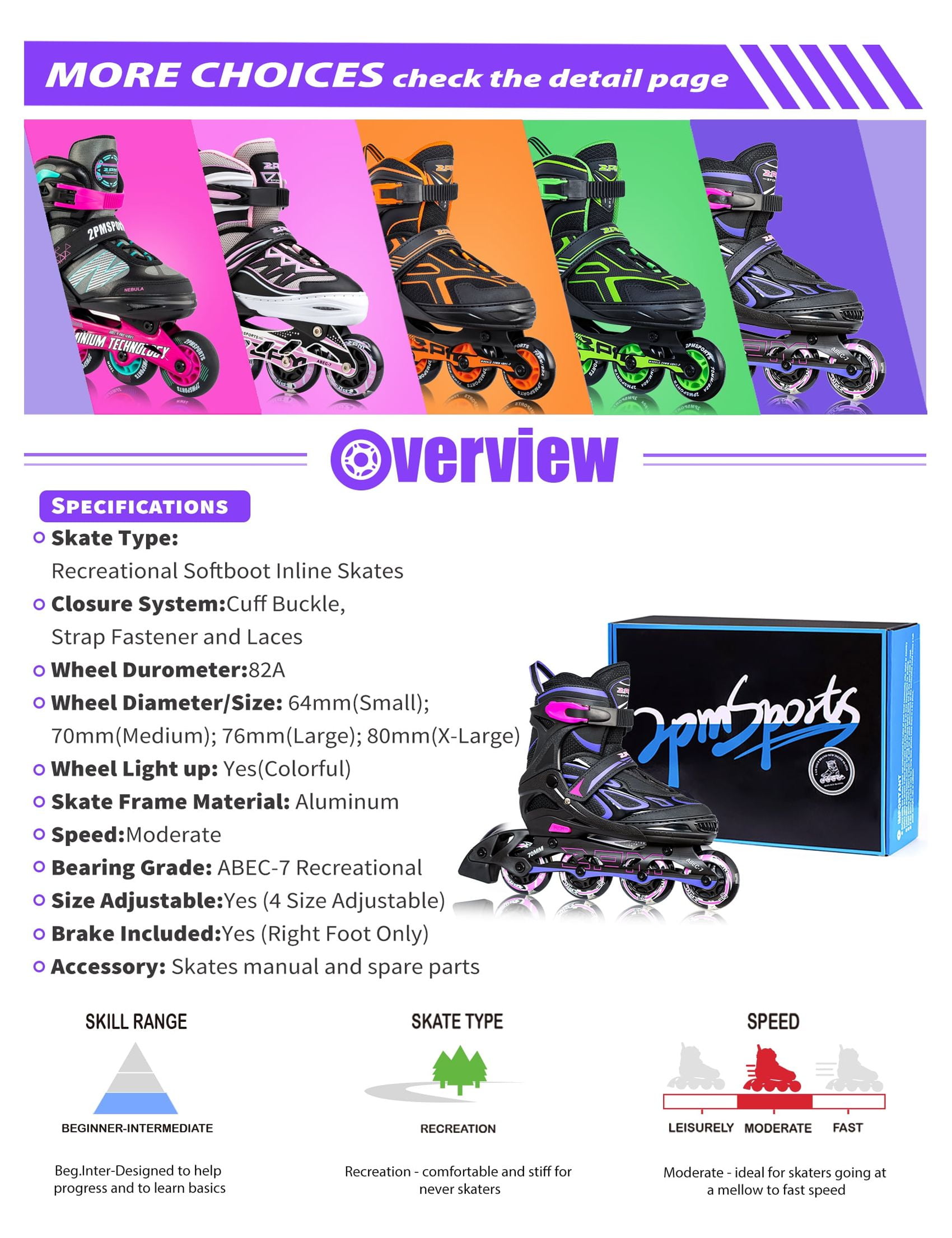 2PM SPORTS Vinal Girls Adjustable Inline Skates with Light up Wheels Beginner Fun Illuminating for Kids Boys and Ladies - Purple Small(10C-13C US)