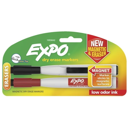 Expo Magnetic Dry Erase Fine Markers with Eraser, Red and Black, 2 Count