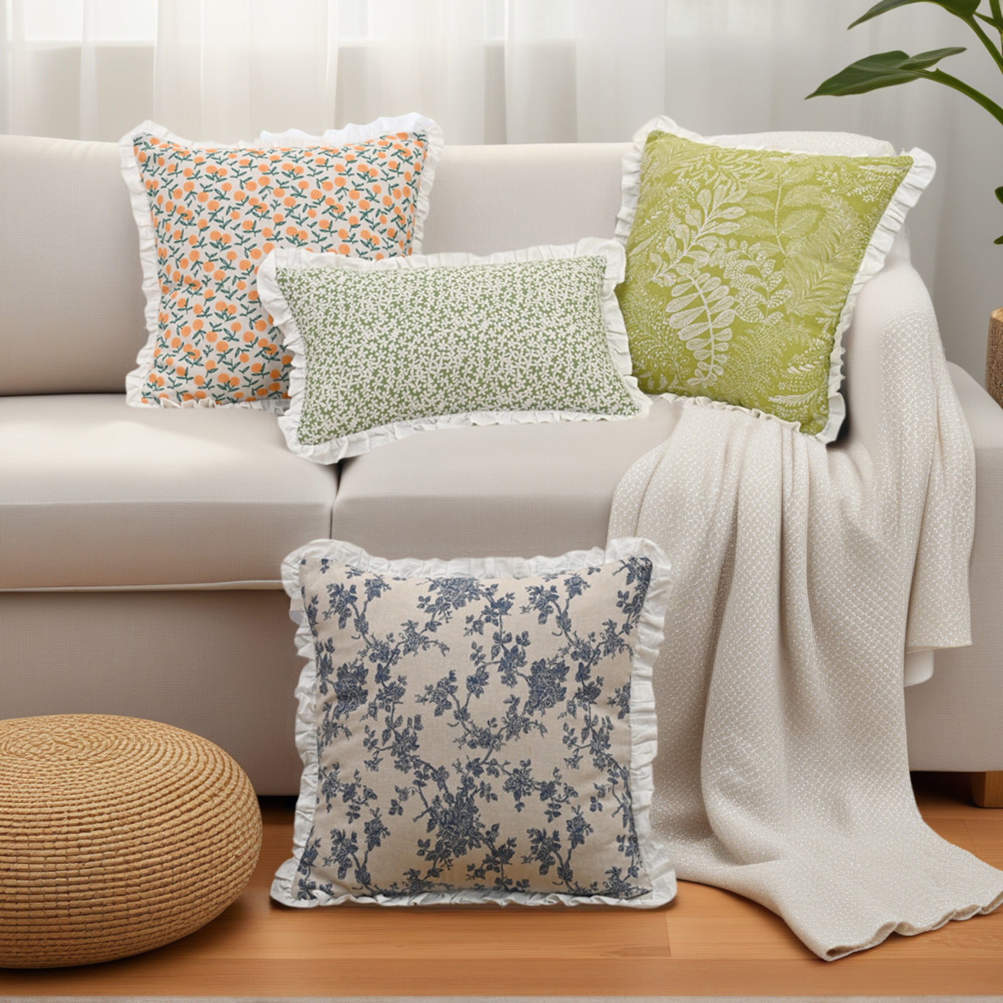Unique Bargains Set of 2 Leaf Print Pillow Covers with Ruffled Trim Green 18" x 18"