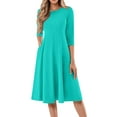 thumbnail image 2 of Huankd 3/4 Sleeve Dress for Women Crew Neck Pockets Vintage A-Line Swing Midi Dresses Turquoise M, 2 of 5