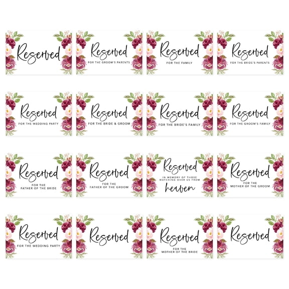 Koyal Wholesale Burgundy and Peach FLorals Table Reserved Signs for Wedding Reception, Table Tent Cards, 16-Pack