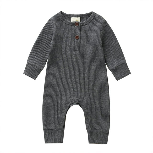 Baby Boy Girl Button Romper One Piece Solid Color Knit Ribbed Jumpsuit