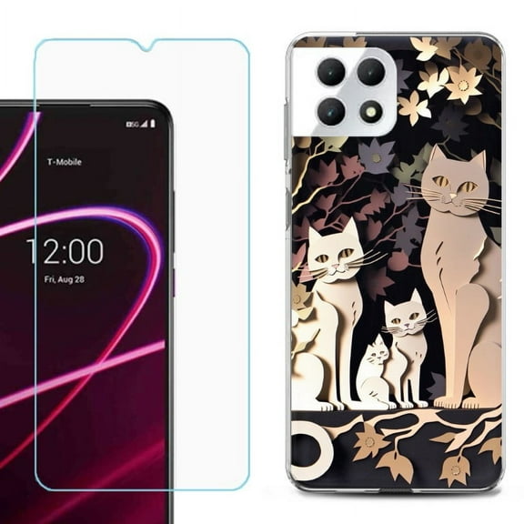 Phone Case for T-Mobile Revvl 7 5G, Shockproof Case Cover with Tempered Glass Screen Protector, by OneToughShield - Cat Craft