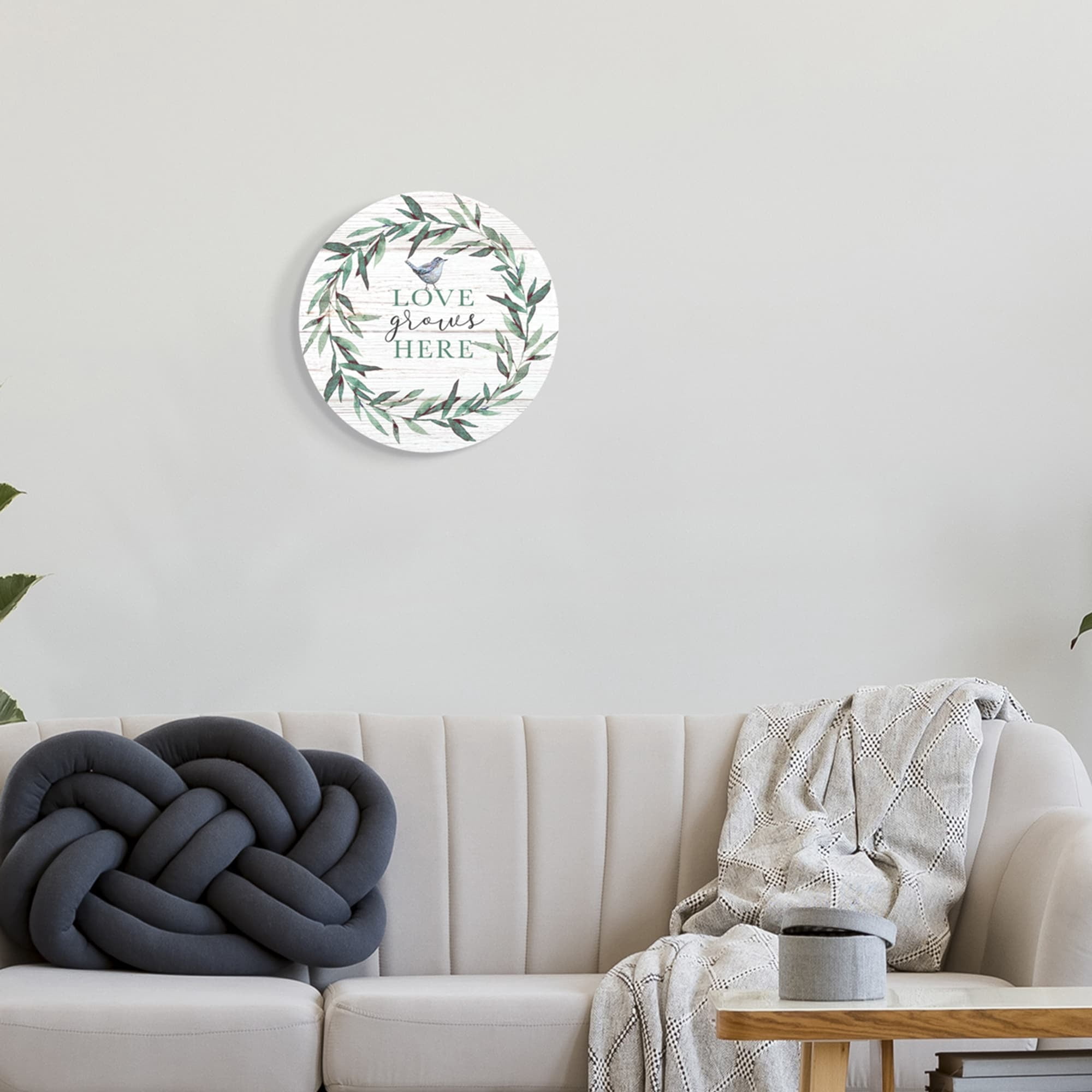Stupell Industries Love Grows Here Sentiment Green Fern Wreath Blue Warbler,12 x 12,Design By Elizabeth Tyndall