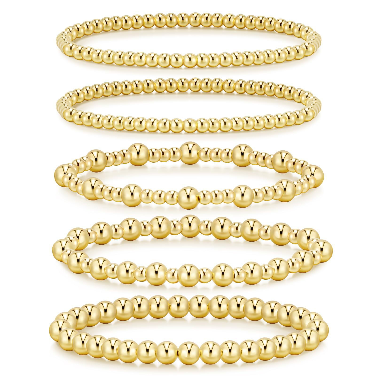 14K Gold Plated Beaded Stackable Bracelets Set for Women, Elastic Bead Ball Strand Adjustable Wrist Jewelry, Lead Nickel Free Hypoallergenic Fashion Holiday Gifts