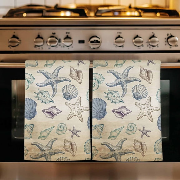 Summer Coastal Kitchen Towels Set of 3, Marine Beach Seashell Starfish Conch Beige Absorbent Dish Towels for Kitchen, Microfiber Hand Towel, Quick Drying Tea Towel for Cleaning Decorative Dishcloths