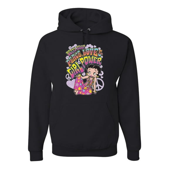 Wild Bobby Betty Boop Peace, Love and Girl Power Betty Boop Unisex Hoodie Sweatshirt, Black, Small