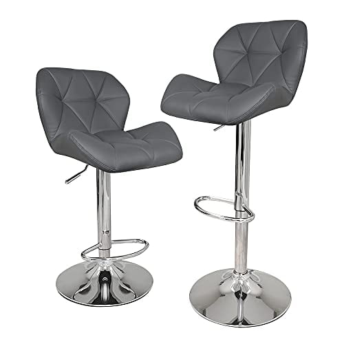 Modern Grey Set of 2 Height Adjustable Hydraulic PU Leather Bar Stool for Pub Chair Kitchen Island Counter, with Footrest and Enlarged Metal Base
