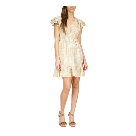 MICHAEL MICHAEL KORS Womens Beige Paisley Flutter Sleeve V Neck Short Fit   Flare Dress L