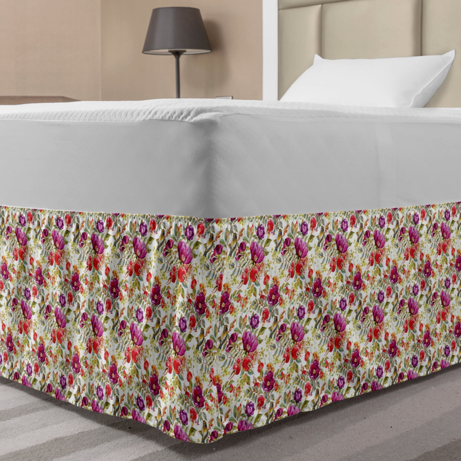 Floral Bed Skirt, Hot Pink Purple Colored Flowers with Leaves