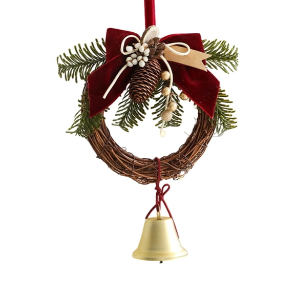 HOARBOEG Small Rattan Bell Wreath, 7 Inch Christmas Wreath with Bells, Mini Door Wreath Hanging Ornament with Bow, Artificial Foliage Ring for Home Decor