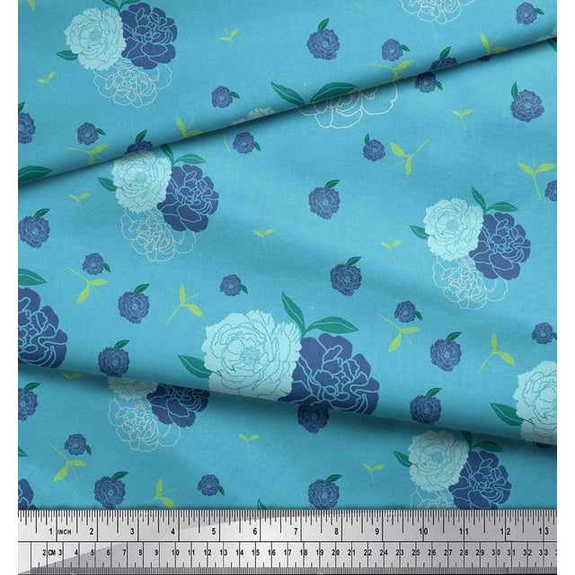 Soimoi Blue Rayon Crepe Fabric Leaves & Floral Hand Drawn Decor Fabric Printed Yard 46 Inch Wide