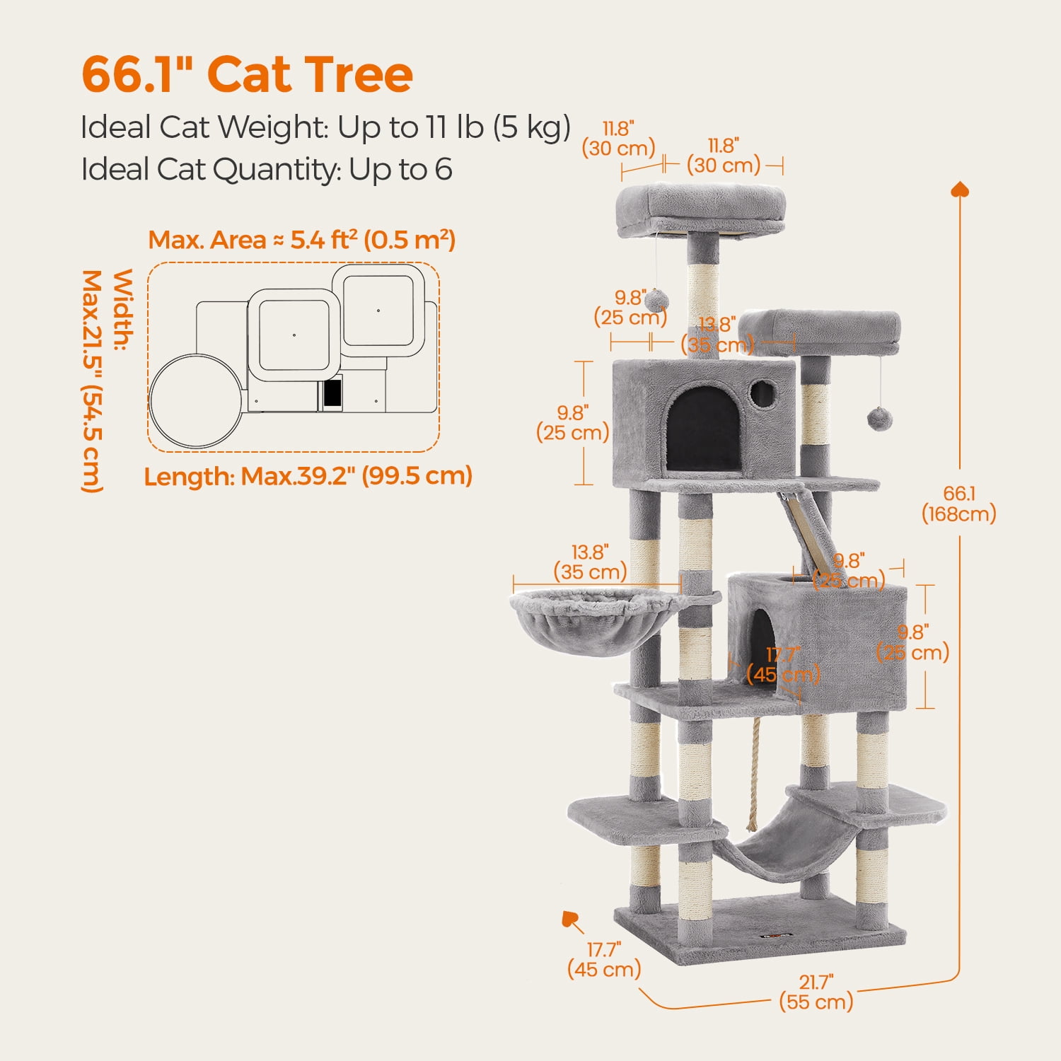 LEDREM 66.1-Inch Multi-Level Cat Tree with 2 Perches, 2 Caves, Hammock & 13 Scratching Posts – Plush Climbing Tower for Indoor Cats, Light Gray