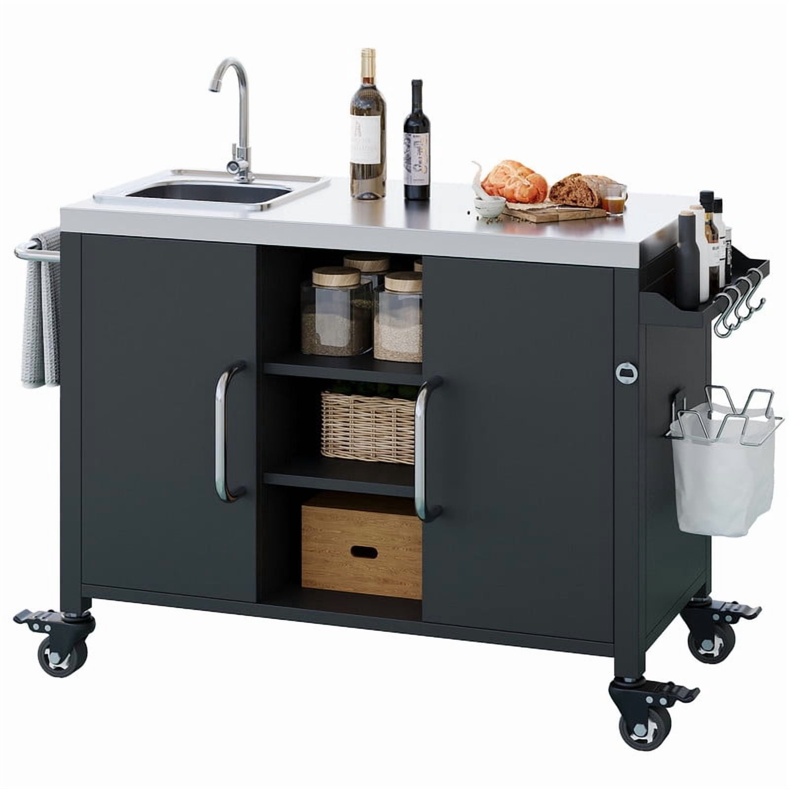 Outdoor Kitchen Island with Sink and Stainless Steel Top, Metal Grill Cart Table with Adjustable Shelf and 4 Lockable Wheels for Pizza Prep & BBQ, L 55.5" x W 20" H 36.7"